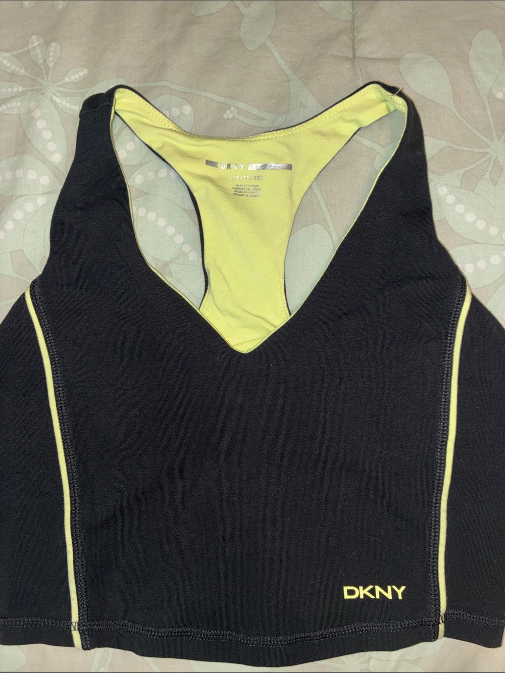 DKNY Black Crop Tank with Neon Yellow Accents